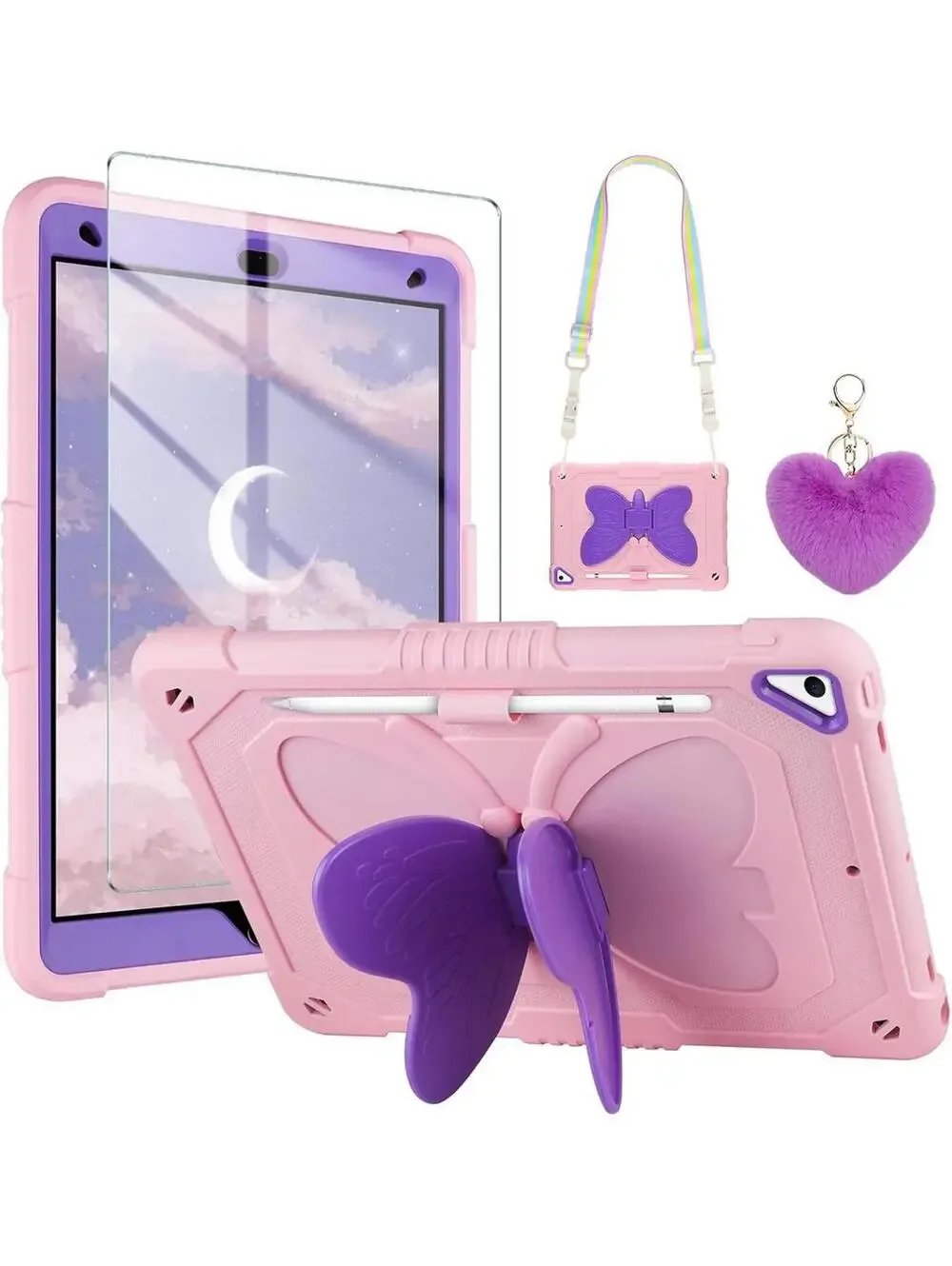Butterfly iPad Case for Gen 7/8/9 for Kids Pink and Purple with Keychain